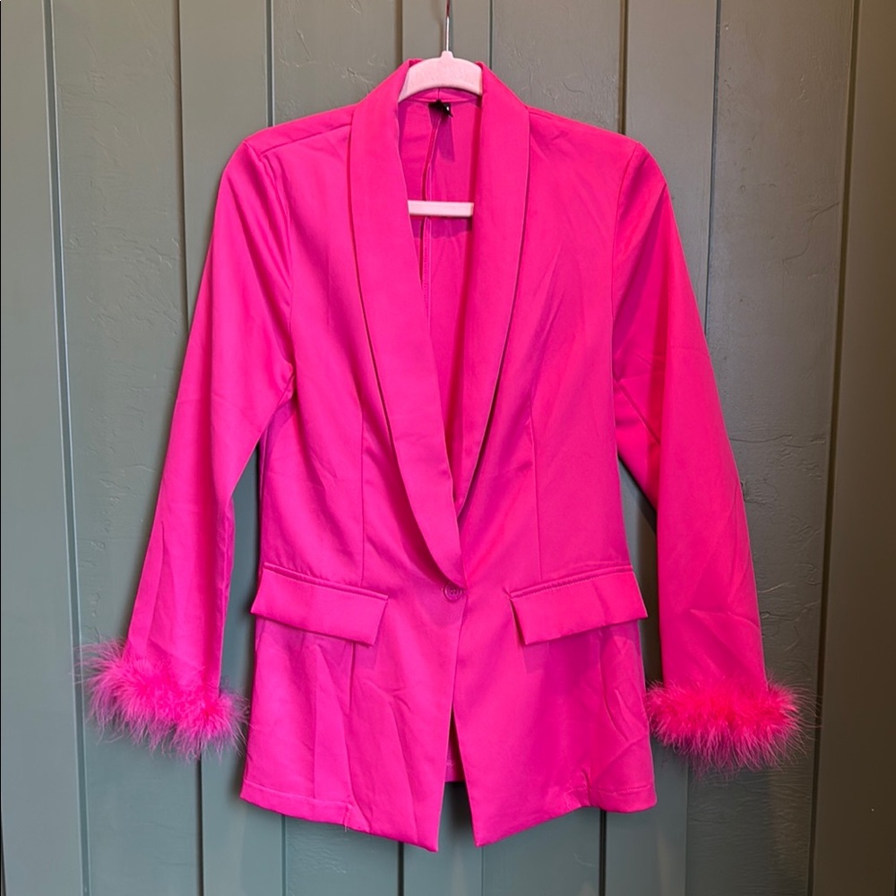 Hot Pink Feather Trim Blazer Jacket